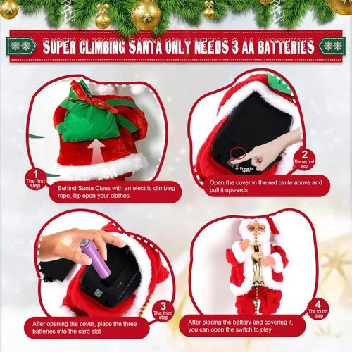 Miniatura 3 de Gfilay Papá Noel escalador con música, adorno colgante de árbol de Navidad, novedad de Papá Noel escalador en cuerda, decoración navideña, gran