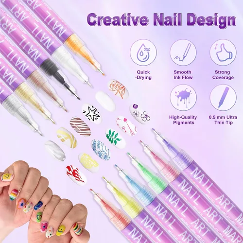 Miniatura 6 de Bolígrafos de arte de uñas de 12 colores, punta fina de 0.020 in, bolígrafos de esmalte de uñas 3D de secado rápido para diseño de uñas, pintura