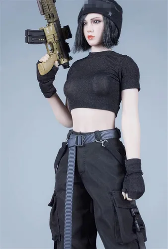 Miniatura 3 de Ropa femenina a escala 1/6, camiseta y pantalones, guante, cinturón, traje de disfraz para soldado de 12 pulgadas, figura de acción