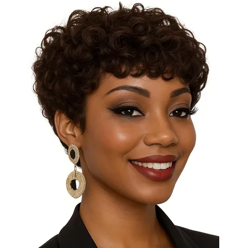 Miniatura 8 de Cabello rizado Pixie para mujer con flequillo para mujer (negro y rizado) Pixie - Pelucas sintéticas en capas, pelucas cortas para mujeres negras