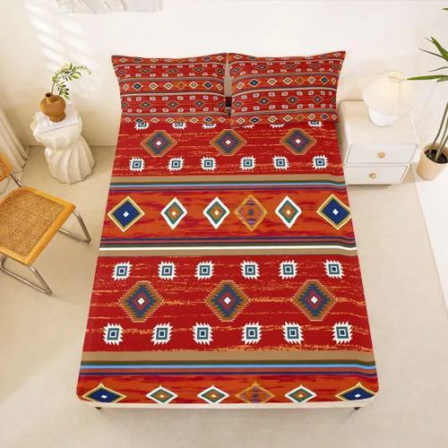 Miniatura 14 de Juego de ropa de cama occidental tamaño individual, sábanas aztecas, estilo nórdico exótico, bohemio, sábana bajera ajustable de tribu india