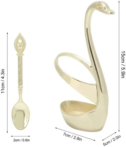 Miniatura 2 de Juego de cubiertos de cuchara de postre de acero inoxidable elegante para el hogar con soporte en forma de cisne (dorado)