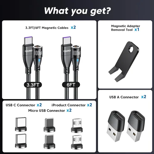 Miniatura 9 de Cable de carga magnético USB C de 100 W, paquete de 2 (3.3 pies + 6 pies), cable magnético de carga rápida 6 en 1, cable de carga USB C magnético