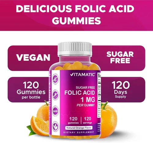 Miniatura 6 de Vitamatic Gomitas de ácido fólico 1000 mcg (1 mg), vitaminas prenatales esenciales para mamá y bebé, gomitas veganas de vitamina B9-120 (2)
