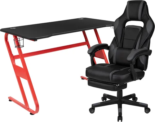 Miniatura 62 de Flash Furniture Juego de escritorio para juegos negro y silla de carreras blanco/negro con soporte para tazas, gancho para auriculares y soporte