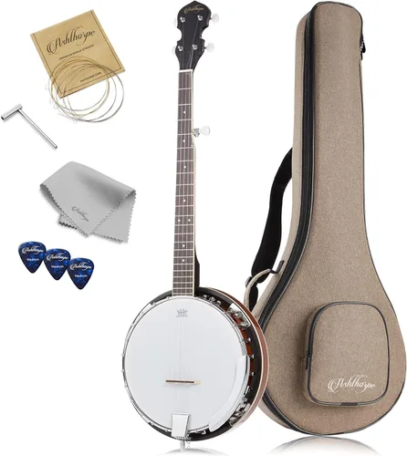 Ashthorpe Banjo de 5 cuerdas, zurdo, tamaño completo con 24 soportes, parte trasera cerrada, resonador de caoba y sintonizador de 5 engranajes