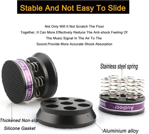 Miniatura 3 de Tertullus 4 piezas de pies de altavoz de resorte Pie de aislamiento 1.693 in × 1.516 in Soporte de alta fidelidad amortiguador de aluminio Negro