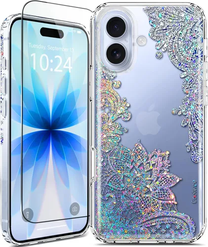 Miniatura 15 de Funda para iPhone 16, con protector de pantalla, linda para mujeres y niñas, funda protectora de grado militar de 10 pies para iPhone 16, funda