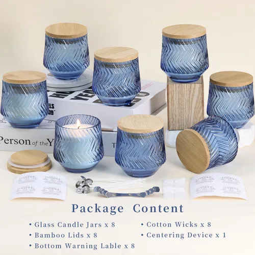 Miniatura 2 de 8 tarros de velas azules de 7 onzas para hacer velas, tarros de vela únicos acanalados, tarros de vidrio con tapas de bambú y etiquetas
