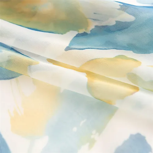 Miniatura 8 de VISIONTEX Cortinas transparentes con estampado de gasa, estilo abstracto europeo, estampado de hojas azules y amarillas, 2 paneles para decoración