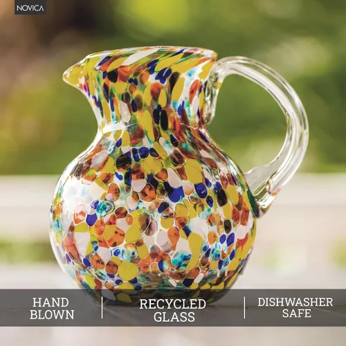 Miniatura 5 de NOVICA Jarra de vidrio reciclado soplado a mano artesanal multicolor de México 'Confetti' (71 onzas)