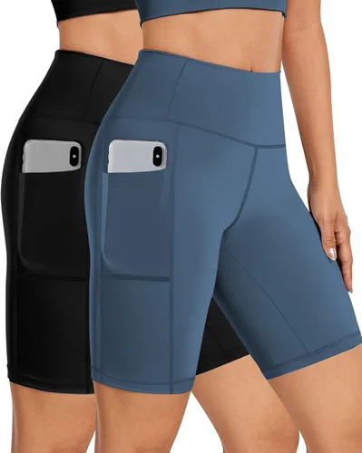 Paquete de 23 pantalones cortos de motociclista para mujer, control de abdomen con bolsillo, cintura alta, pantalones cortos de compresión de