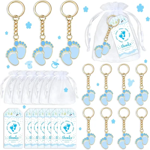 12 juegos de regalos de baby shower para niño, llavero de huella azul, regalos con bolsas de organza blanca y etiquetas de agradecimiento para Oh