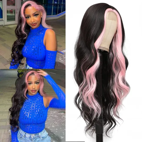 Miniatura 6 de Peluca de cabello sintético ondulado con encaje frontal, peluca marrón con reflejos rubios, pelucas largas onduladas de 28 pulgadas para mujeres