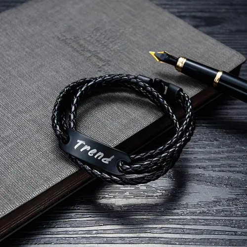 Miniatura 3 de GEAPRIE Pulsera de cuero personalizada con texto personalizado Pulsera de cuero PU para hombres de moda de tres capas, Cuero, Sin gemas.