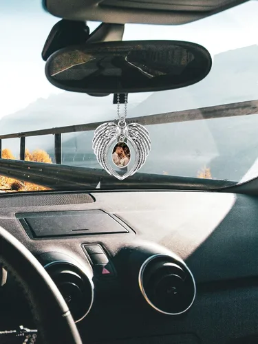Miniatura 5 de Zysta Adorno para colgar en el automóvil, alas de ángel, foto de doble cara, grabado personalizado para colgar en el automóvil, soporte para marco