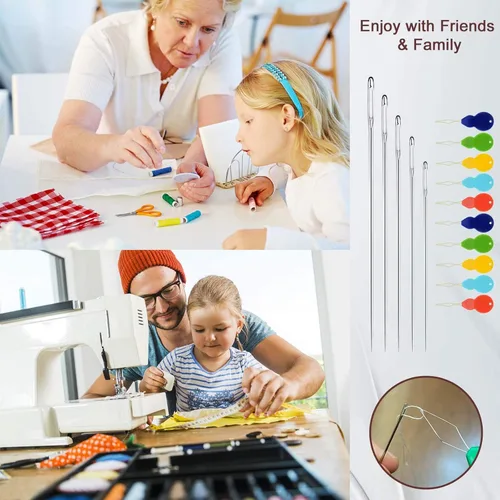 Miniatura 5 de Agujas de ojo grande para coser a mano, 50 agujas de coser de ojos grandes de alta calidad con enhebradores y tubo de almacenamiento, 5 agujas