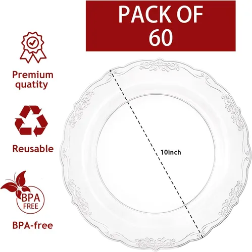 Miniatura 2 de U-QE 60 piezas de platos de plástico transparente – Platos desechables transparentes de 10 pulgadas – Lavables y reutilizables – Platos de cena