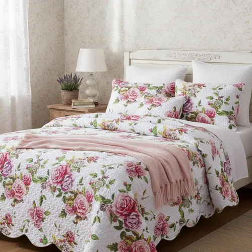 DaDa Bedding Juego de colcha floral de rosas románticas, encantador color rosa y blanco festoneado, colorido, ligero, transpirable, colcha acolchada