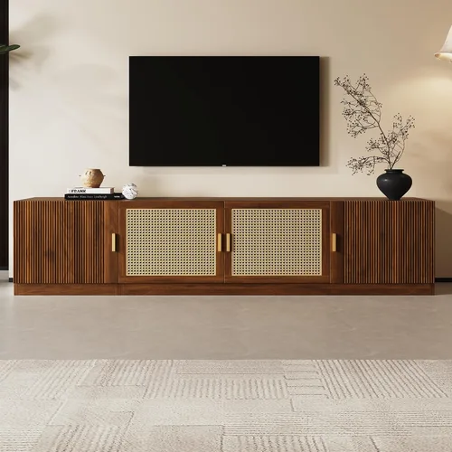Miniatura 13 de Soporte de TV para TV de 80 pulgadas, centro de entretenimiento moderno de mediados de siglo con cajones de almacenamiento, puertas de tambor y toma