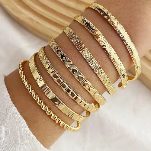 Miniatura 2 de Juego de pulseras de oro bohemio para mujer, estilo vintage, apilables, con flechas ajustables, hexagrama torcido, grabado, brazalete abierto