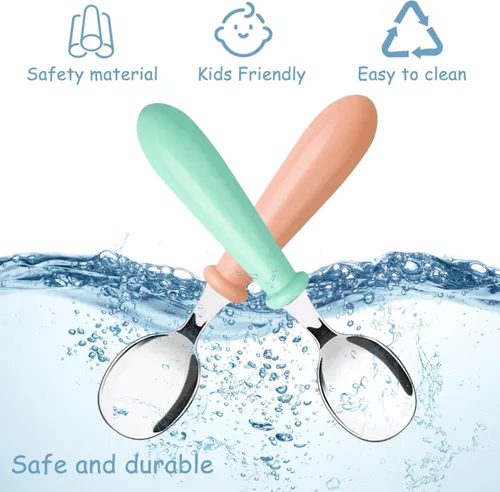 Miniatura 3 de Pimoys Juego de 6 cucharas de acero inoxidable para niños, con mango redondo, sin BPA, apto para lavavajillas Verde menta/Verde vidrio/Naranja coral