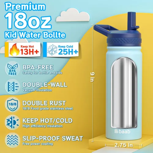 Miniatura 2 de baab Botella de agua para niños de 18 onzas, botella de agua aislada con popote y calcomanías, taza con popote de agua para niños de acero