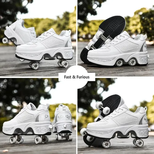 Miniatura 5 de Zapatos de patinaje para mujer, cuatro rondas, zapatos de patines de ruedas para niños que se convierten en patines de ruedas, zapatos ligeros al