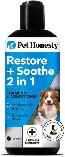 Pet Honesty Restore + Soothe 2 en 1 Champú + Acondicionador para piel sensible para perros y gatos - Suplemento para piel y pelaje de perros - Calma