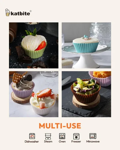 Miniatura 4 de Katbite - Paquete de 24 tazas de silicona para hornear cupcakes, reutilizables, antiadherentes, resistentes, para hornear, muffins suaves y pálidos