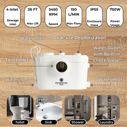 Miniatura 3 de Sistema de inodoro macerador de 750 W con 4 entradas, bomba duradera, tubo de extensión, fácil instalación, ahorro de espacio
