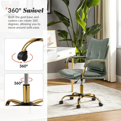 Miniatura 3 de HULALA HOME Silla de escritorio de piel sintética para oficina en casa, silla giratoria ajustable para computadora con patas y brazos dorados, silla