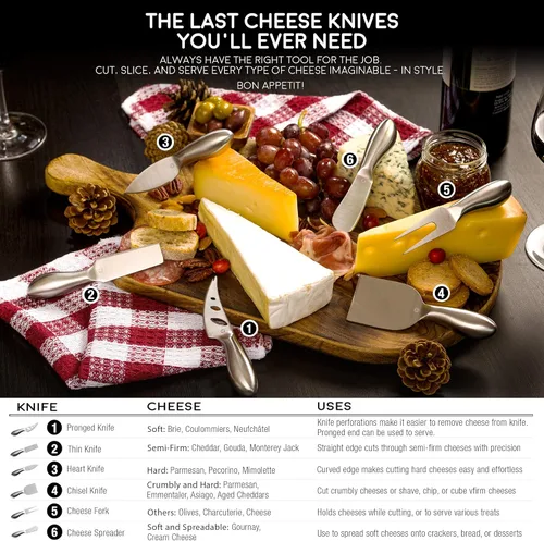 Miniatura 5 de Lunar - Juego de cuchillos de queso de 6 piezas, colección de cuchillos de queso de acero inoxidable de alta calidad, accesorios para tabla