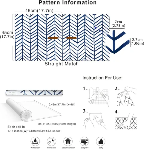 Miniatura 8 de HAOKHOME Papel tapiz azul marino para despegar y pegar, diseño moderno a rayas para baño, decoración extraíble de espiga de 17.7 pulgadas x 9.8 pies