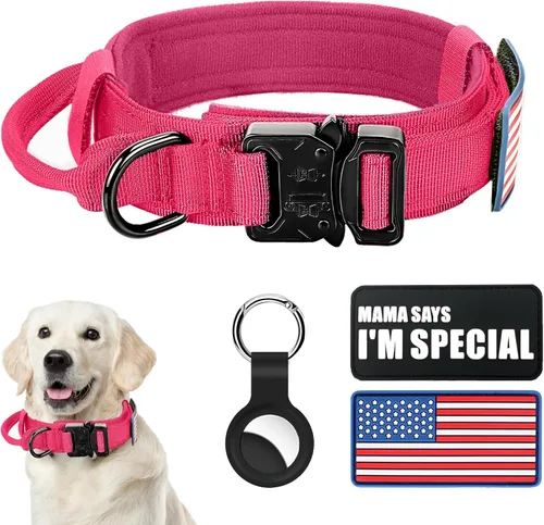Miniatura 18 de Collar táctico militar para perro, nailon ajustable, hebilla de metal resistente con asa para entrenamiento, parches (verde, XL)