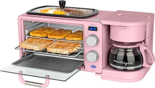 Miniatura 15 de Nostalgia Estación de desayuno retro 3 en 1, incluye cafetera de 5 tazas, plancha de cerámica antiadherente y horno tostador de 4 rebanadas, Rojo