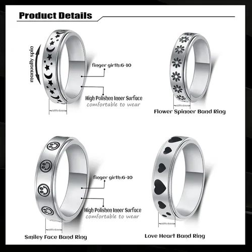 Miniatura 2 de Anillo de ansiedad para mujer, anillos giratorios: anillos giratorios de acero inoxidable de 0.236 pulgadas (0.236 in) con luna y estrella