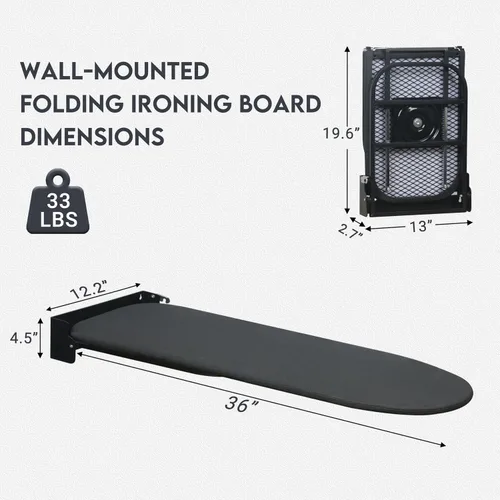 Miniatura 6 de Tabla de planchar para montar en la pared, compacta que ahorra espacio, tabla de hierro plegable para cuarto de lavado, 36 x 12 pulgadas, color negro