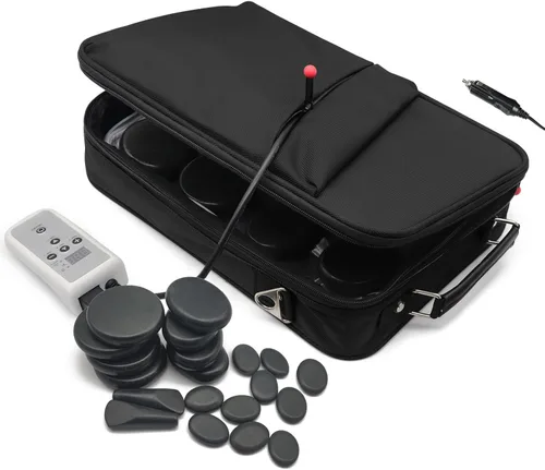 Juego de calentador de piedras de masaje portátil, 20 piedras calientes de basalto con kit de calentador, masajeador eléctrico de piedras calientes