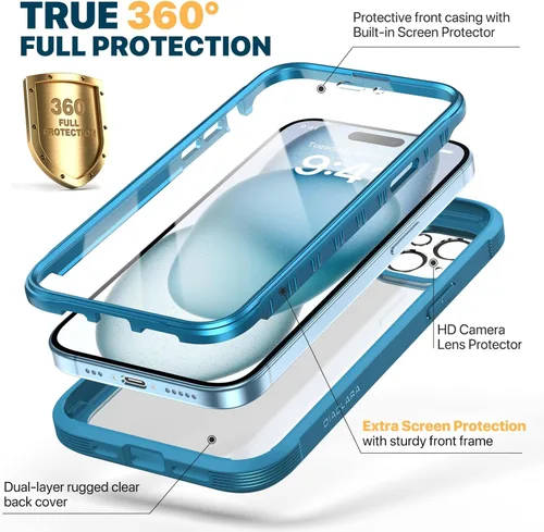 Miniatura 3 de Diaclara - Funda diseñada para iPhone 15 Plus de 6.7 pulgadas, carcasa de parachoques resistente de cuerpo completo transparente con protector
