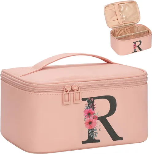 Miniatura 64 de OCHEAL Bolsa de maquillaje personalizada, bolsa de maquillaje beige para mujer, kit de aseo de viaje con monograma, organizador de cosméticos listo