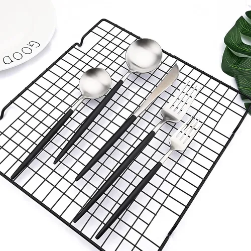Miniatura 6 de Juego de cubiertos de acero inoxidable 18/0 de JASHII para 4, utensilios de cocina, juego de vajilla y cubiertos, acabado satinado, mango negro
