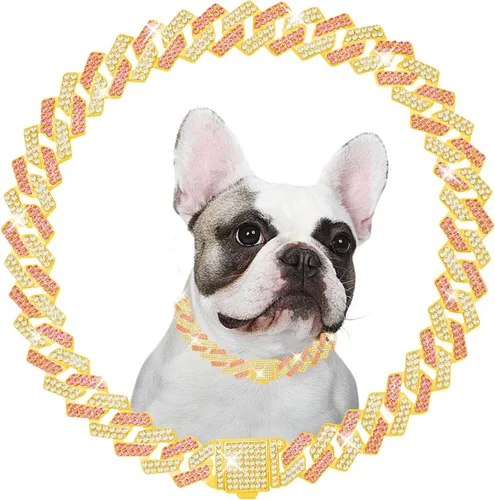Miniatura 10 de Cadena de metal con diamantes para perros con hebilla segura, collares para mascotas para perros grandes y medianos Azul Blanco