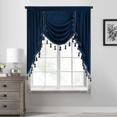 Miniatura 10 de StangH Cortinas decorativas de lujo, cenefa azul con bloqueo de luz, cenefa festoneada para ventana pequeña con bolsillo sólido para barra, cortina
