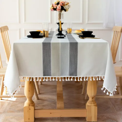Miniatura 7 de Mantel rústico bordado con borla, lino de algodón sin arrugas, antidecoloración, lavable, a prueba de polvo, para comedor, cocina, fiesta, Azul