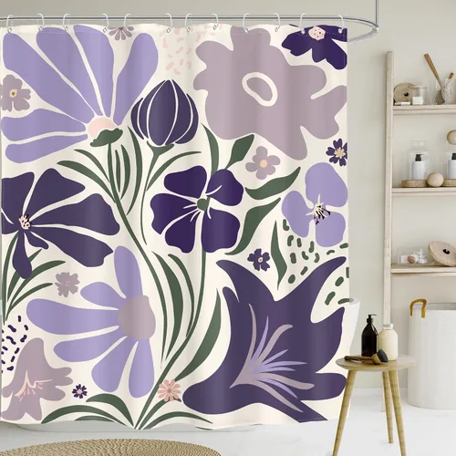 Glawry Cortina de ducha Matisse de color morado abstracto lavanda lindo floral moderno estético flores hojas retro 60 pulgadas de ancho x 72