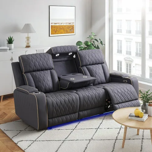 Miniatura 40 de Juego de 3 piezas para sala de estar, sofá reclinable eléctrico de cuero con puertos USB, iluminación LED y portavasos, asientos de cine en casa