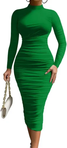 LAGSHIAN Vestido de fiesta de cóctel ajustado de manga larga con cuello alto falso de malla fruncido para mujer