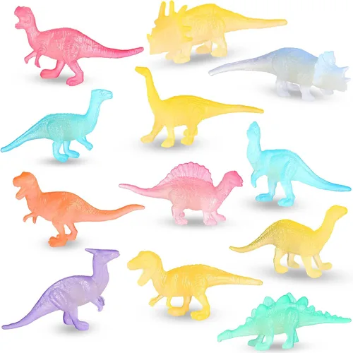 12 piezas de mini dinosaurios que brillan en la oscuridad, coloridas figuras de dinosaurios realistas para cupcakes, suministros de fiesta de