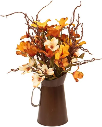 Flores artificiales de otoño con jarra de metal vintage, ramos de flores de otoño falsas de seda naranja en arreglos de jarrón, arreglos florales